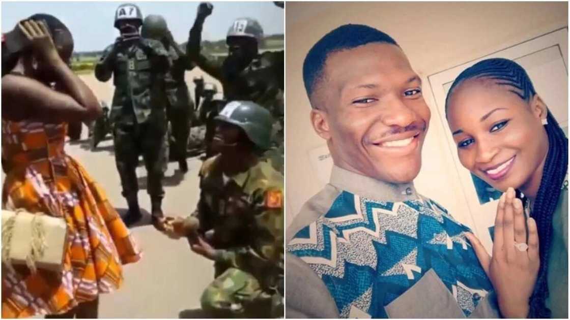 Jarumin soja: Hotunan yadda wani soja ya diro daga samani domin sanyawa budurwar sa zoben kauna (Bidiyo) Jarumin soja: Hotunan yadda wani soja ya diro daga samani domin sanyawa budurwar sa zoben kauna (Bidiyo)