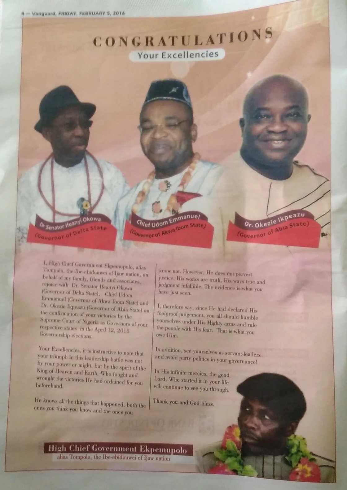 Photo: Tompolo congratulates Udom,Okowa, Ikpeazu Photo: Tompolo congratulates Udom,Okowa, Ikpeazu