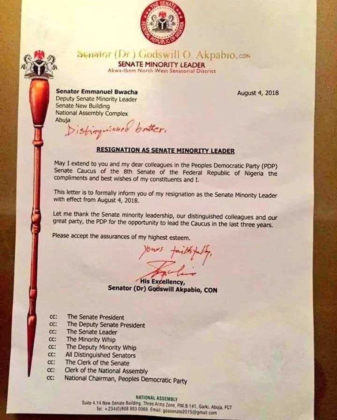 Babban Sanatan Jam’iyyar PDP Godswill Akpabio ya bar matsayin sa Babban Sanatan Jam’iyyar PDP Godswill Akpabio ya bar matsayin sa