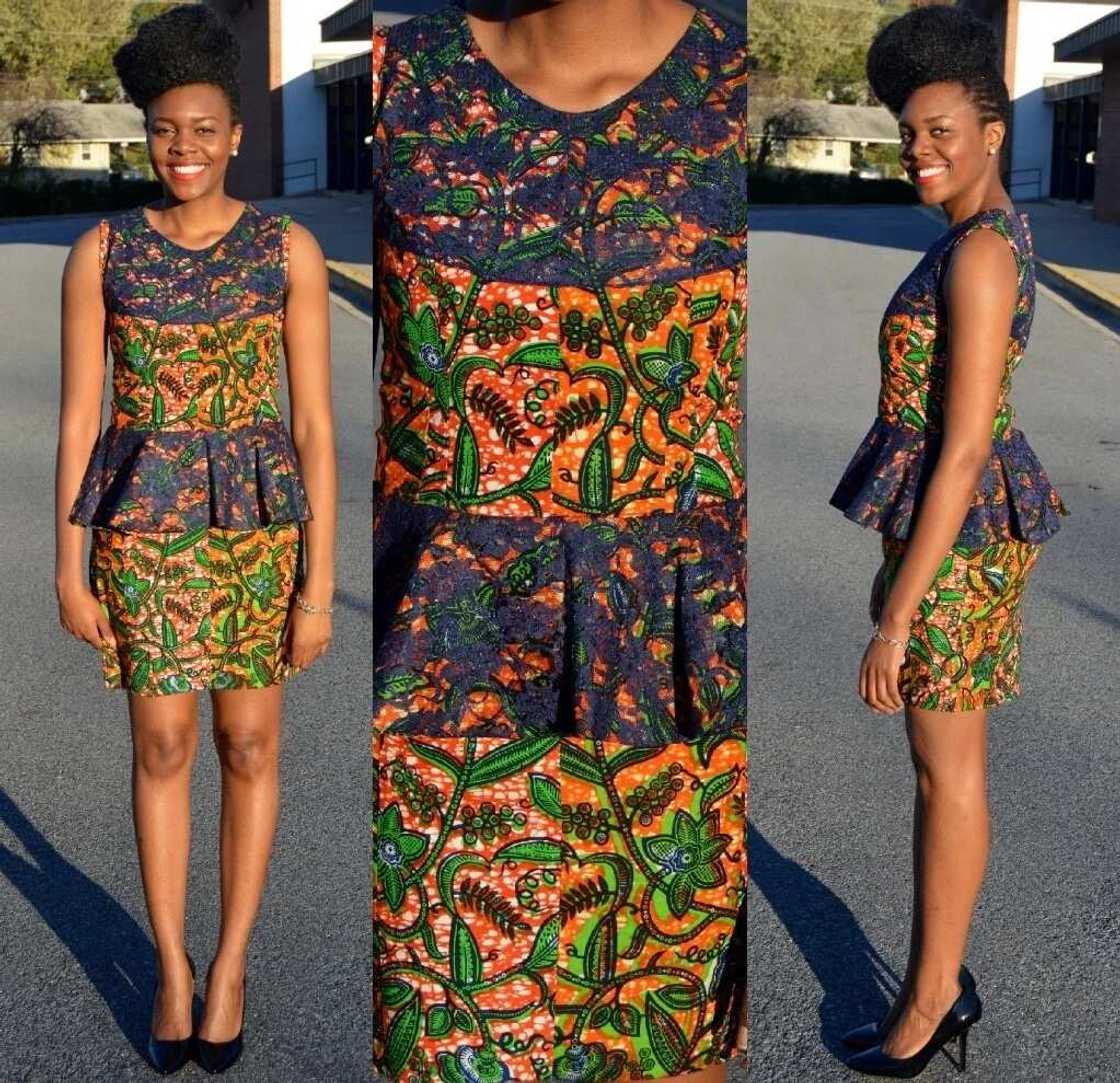 Ankara short dress with peplum and black lace trim