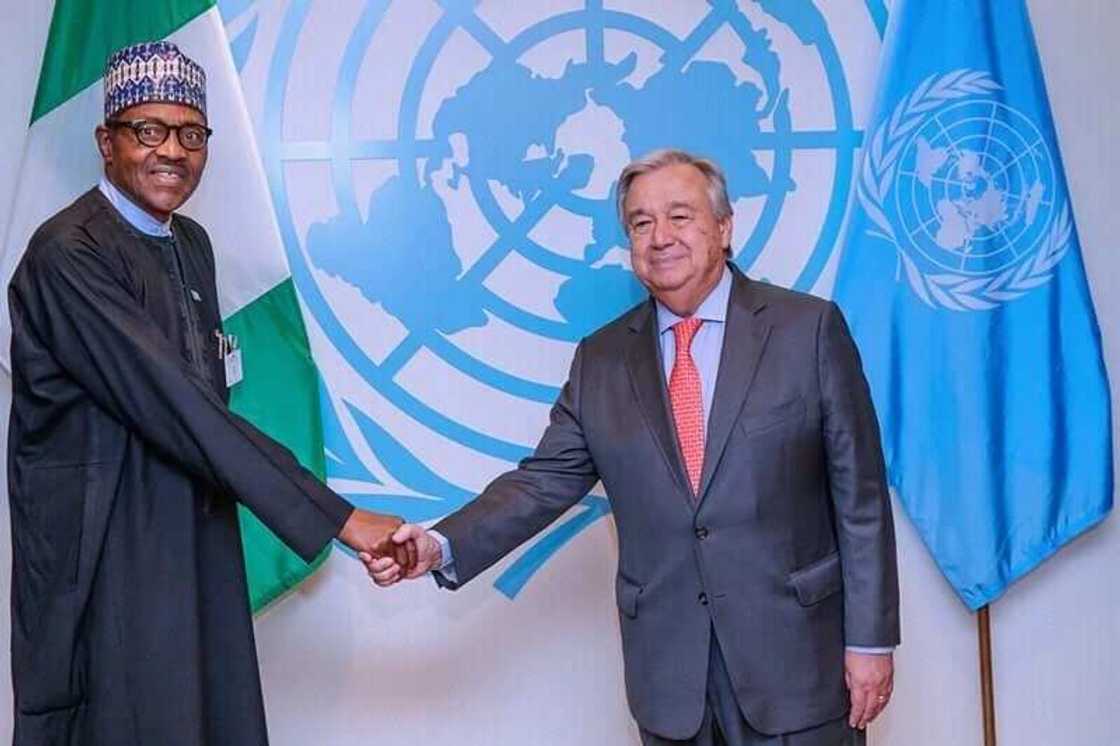 Shugaban kasa Muhammadu Buhari na musabaha da Mr Antonio Gutteres Shugaban kasa Muhammadu Buhari na musabaha da Mr Antonio Gutteres