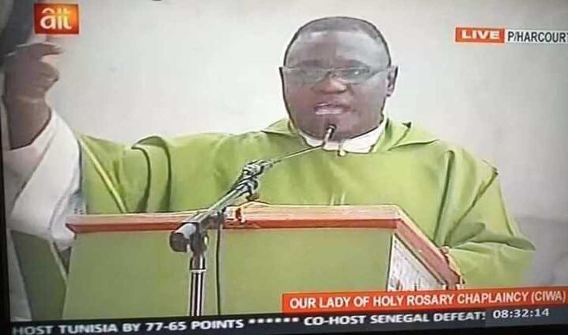 Rev.fr Pius speaking on the agitation for Biafra during a church service. Photo Credit: AIT