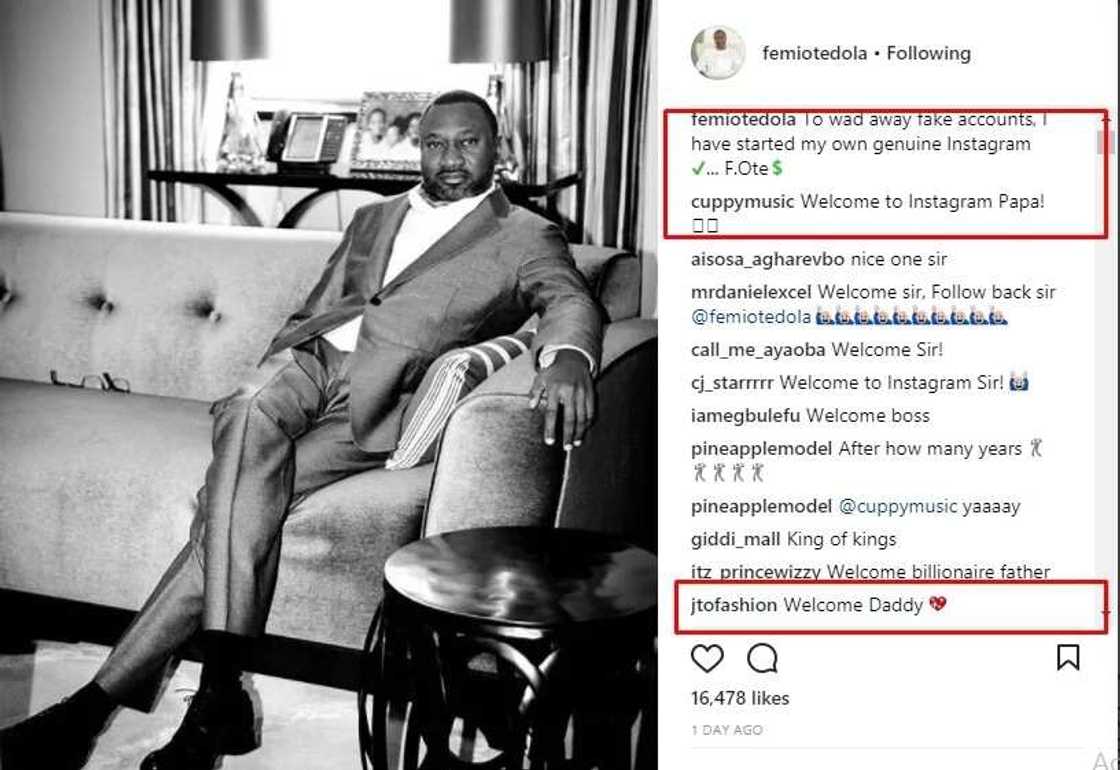 Billionaire Femi Otedola joins Instagram, daughters react Billionaire Femi Otedola joins Instagram, daughters react