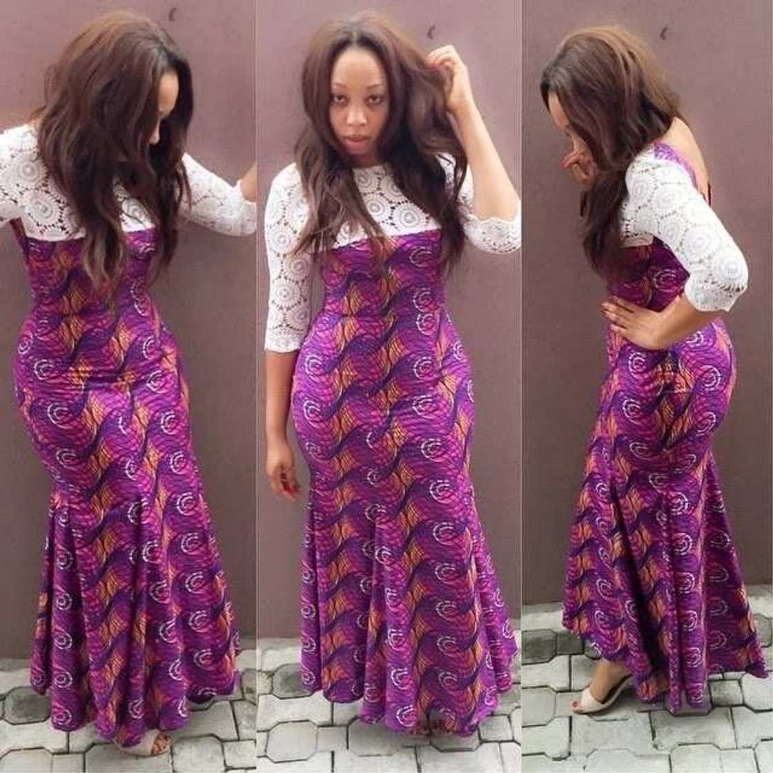 Ankara maxi dress with white lace décolletage Ankara maxi dress with white lace décolletage