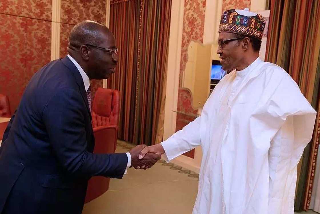 Governor Obaseki met with President Buhari at the Presidential Villa in Abuja on Friday. Photo credit: Bayo Omoboriowo Governor Obaseki met with President Buhari at the Presidential Villa in Abuja on Friday. Photo credit: Bayo Omoboriowo