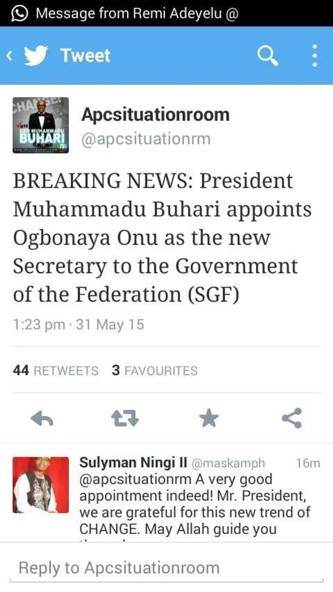 Buhari Appoints Ogbonaya Onu As The New SGF (Updated) Buhari Appoints Ogbonaya Onu As The New SGF (Updated)