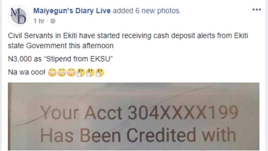 Civil servants allegedly receive N3,000 credit alert from Ekiti state government Civil servants allegedly receive N3,000 credit alert from Ekiti state government
