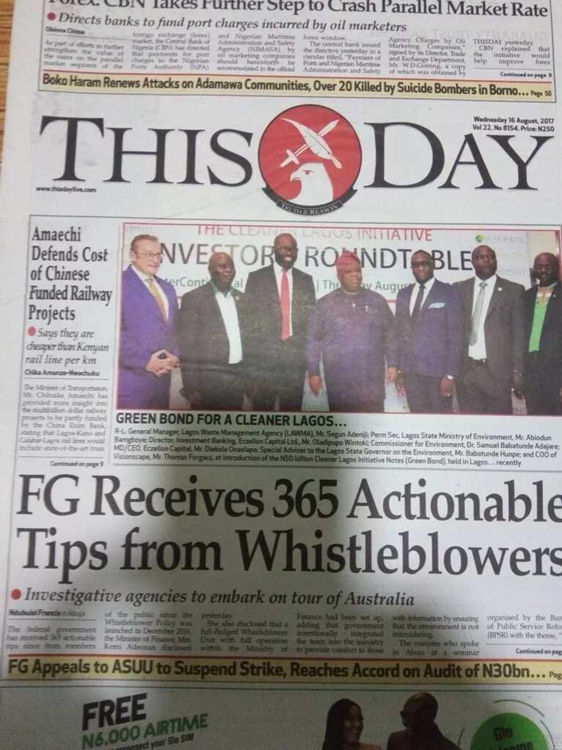 Front page of Thisday newspaper, Wednesday August 16. Photo credit: Legit.ng screenshot Front page of Thisday newspaper, Wednesday August 16. Photo credit: Legit.ng screenshot