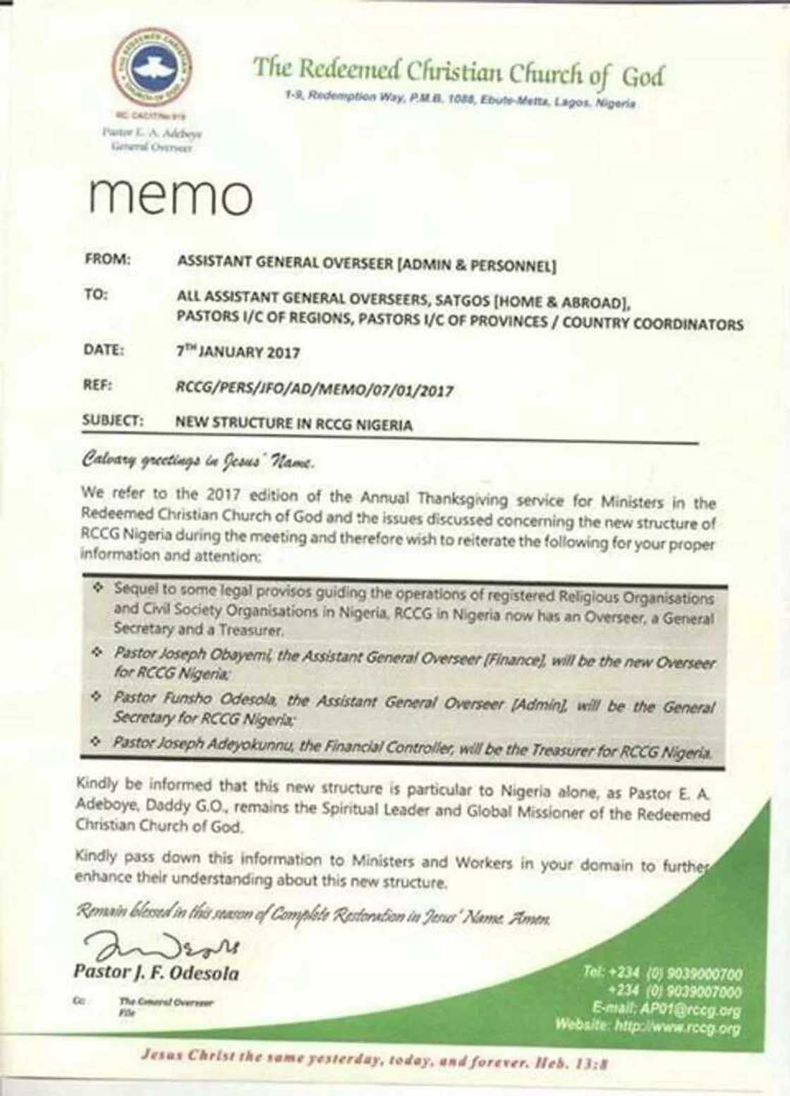 See the letter Pastor Adeboye wrote to his pastors informing them of his latest role See the letter Pastor Adeboye wrote to his pastors informing them of his latest role