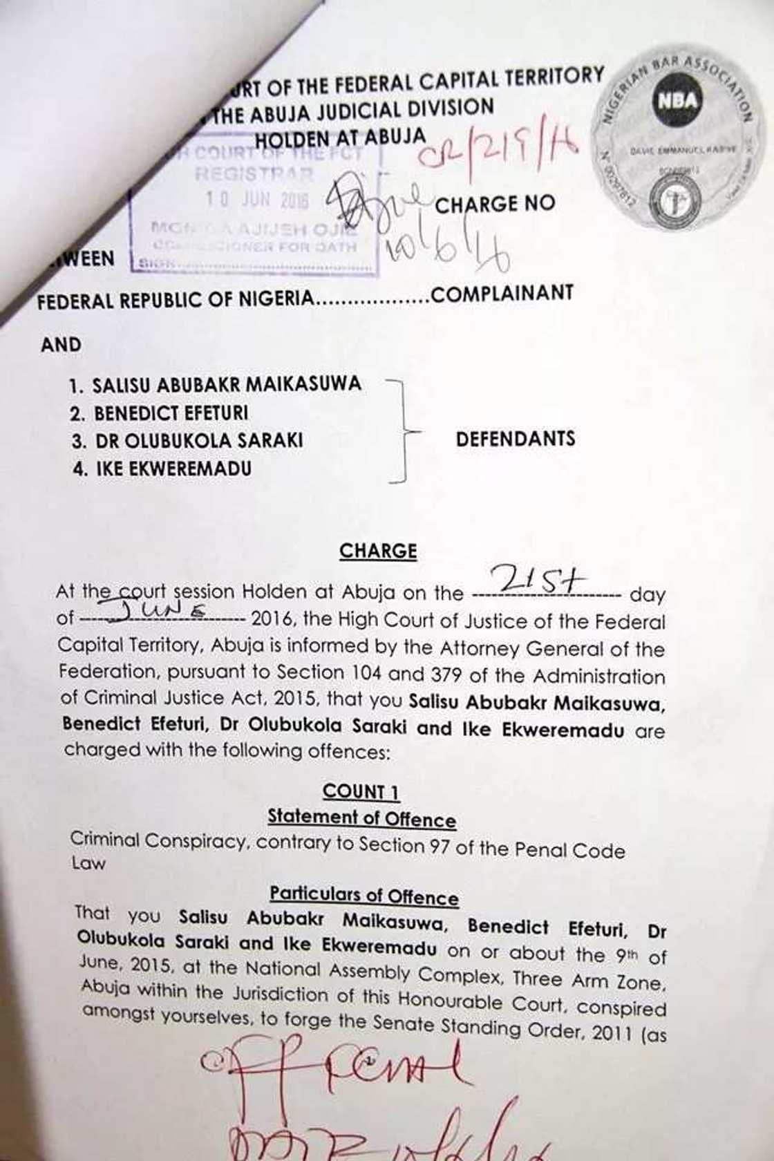 Saraki, Ekweremadu get served with charges for forgery Saraki, Ekweremadu get served with charges for forgery
