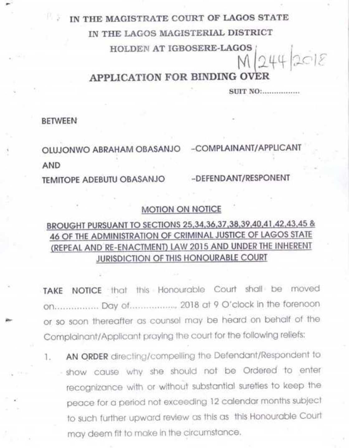One year after their wedding, Olusegun Obasanjo’s son drags wife to court over domestic violence - Court documents reveal One year after their wedding, Olusegun Obasanjo’s son drags wife to court over domestic violence - Court documents reveal