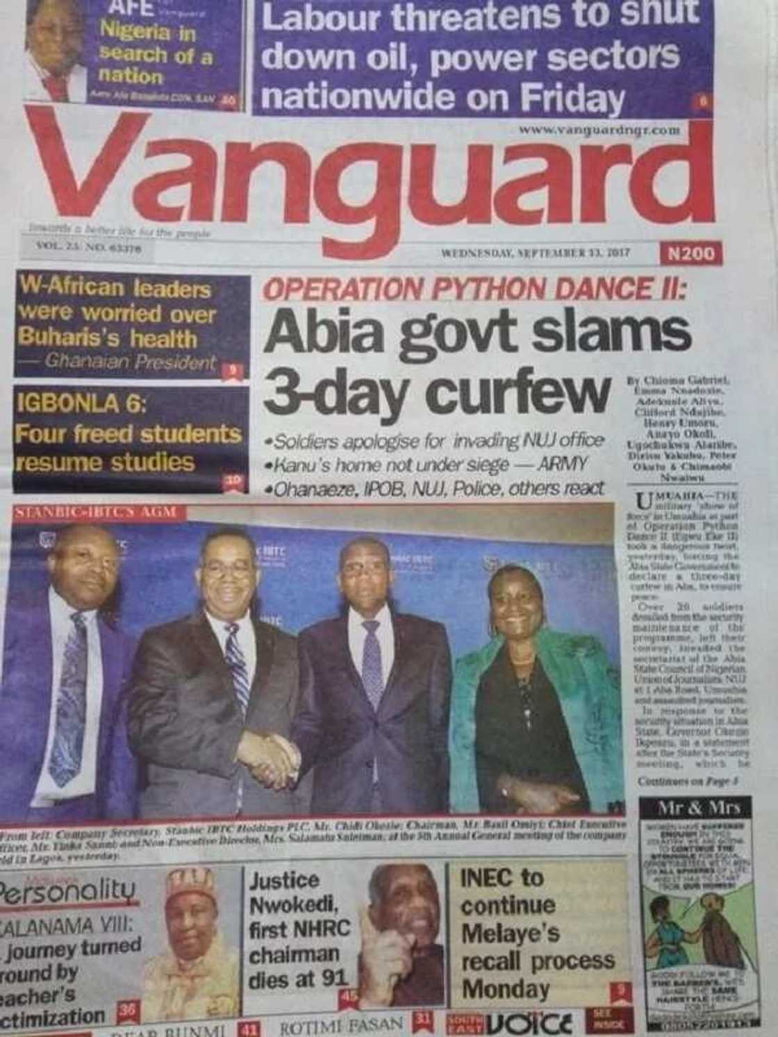 Vanguard Newspaper of Wednesday, September 13. Photo credit: Legit.ng screenshot Vanguard Newspaper of Wednesday, September 13. Photo credit: Legit.ng screenshot