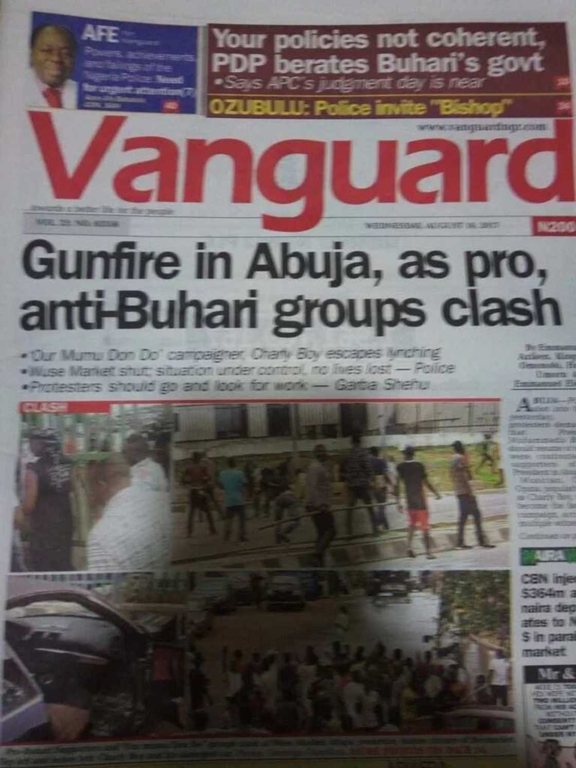 Front page of Vanguard newspaper, Wednesday August 16. Photo credit: Legit.ng screenshot