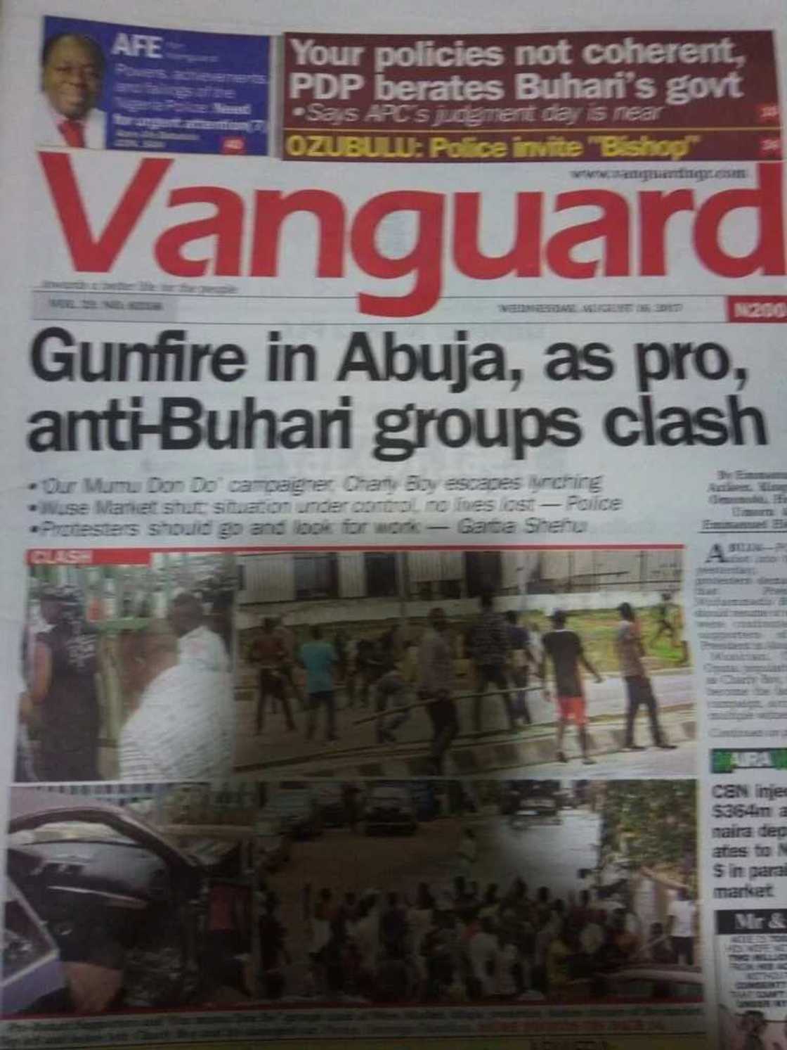 Front page of Vanguard newspaper, Wednesday August 16. Photo credit: Legit.ng screenshot Front page of Vanguard newspaper, Wednesday August 16. Photo credit: Legit.ng screenshot
