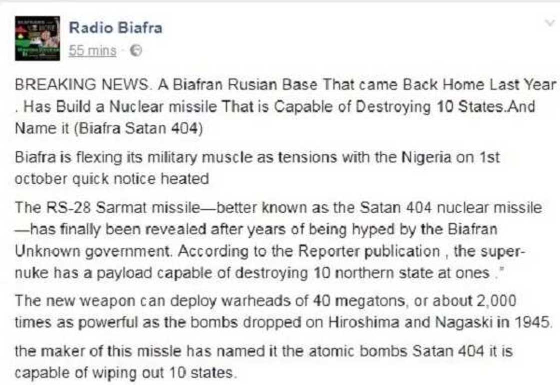 No Nigerian scientist made any nuclear missile for pro-Biafran agitators (see evidence) No Nigerian scientist made any nuclear missile for pro-Biafran agitators (see evidence)