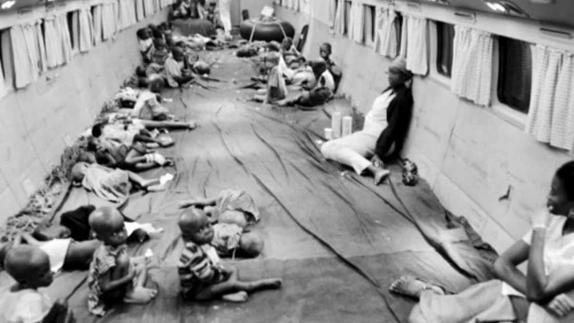 In the photo, Biafran children can be seen sitting in a plane chartered by the International Red Cross (ICRC) and humanitarian organisation “Terre des Hommes”