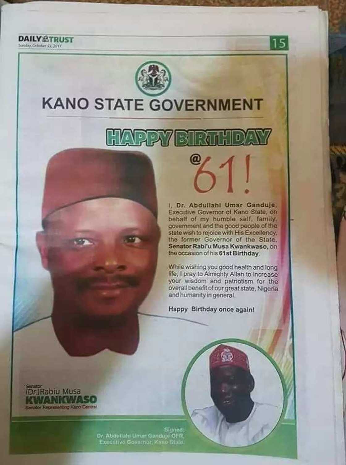 Cikar Kwankwaso shekaru 61: Ina taya ka murna, Allah ya ƙara basira – Inji Ganduje Cikar Kwankwaso shekaru 61: Ina taya ka murna, Allah ya ƙara basira – Inji Ganduje