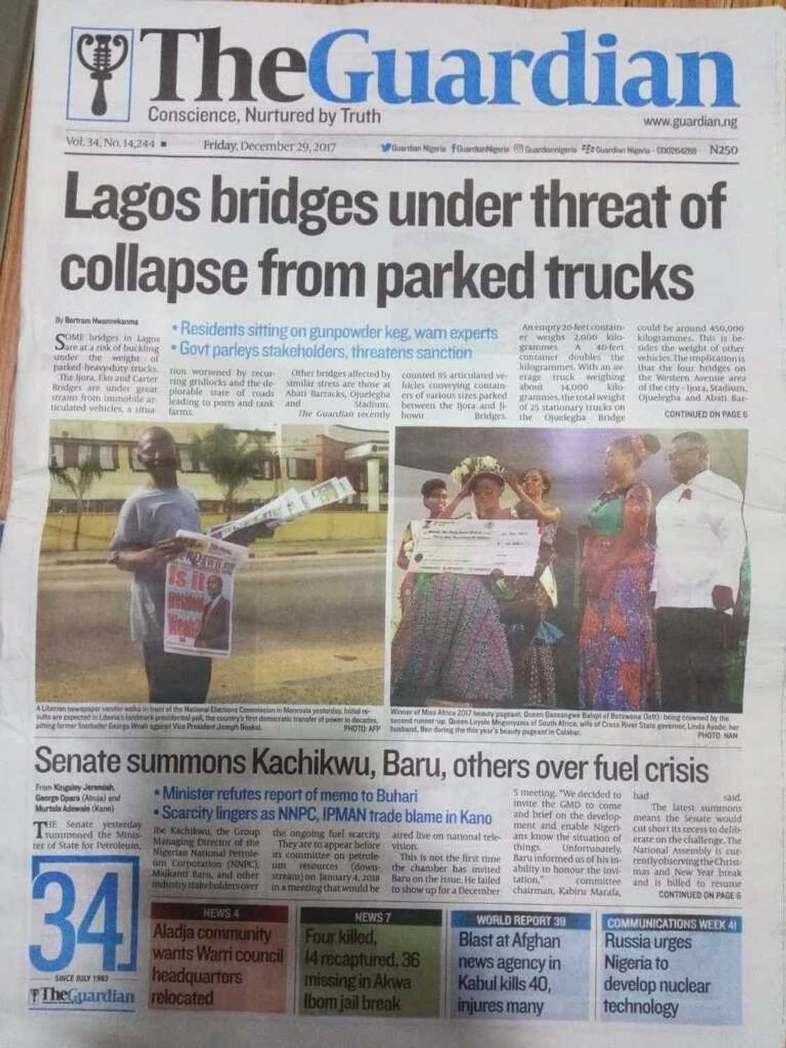 Newspaper Review: Bridges in Lagos under threat of collapse from heavy duty trucks