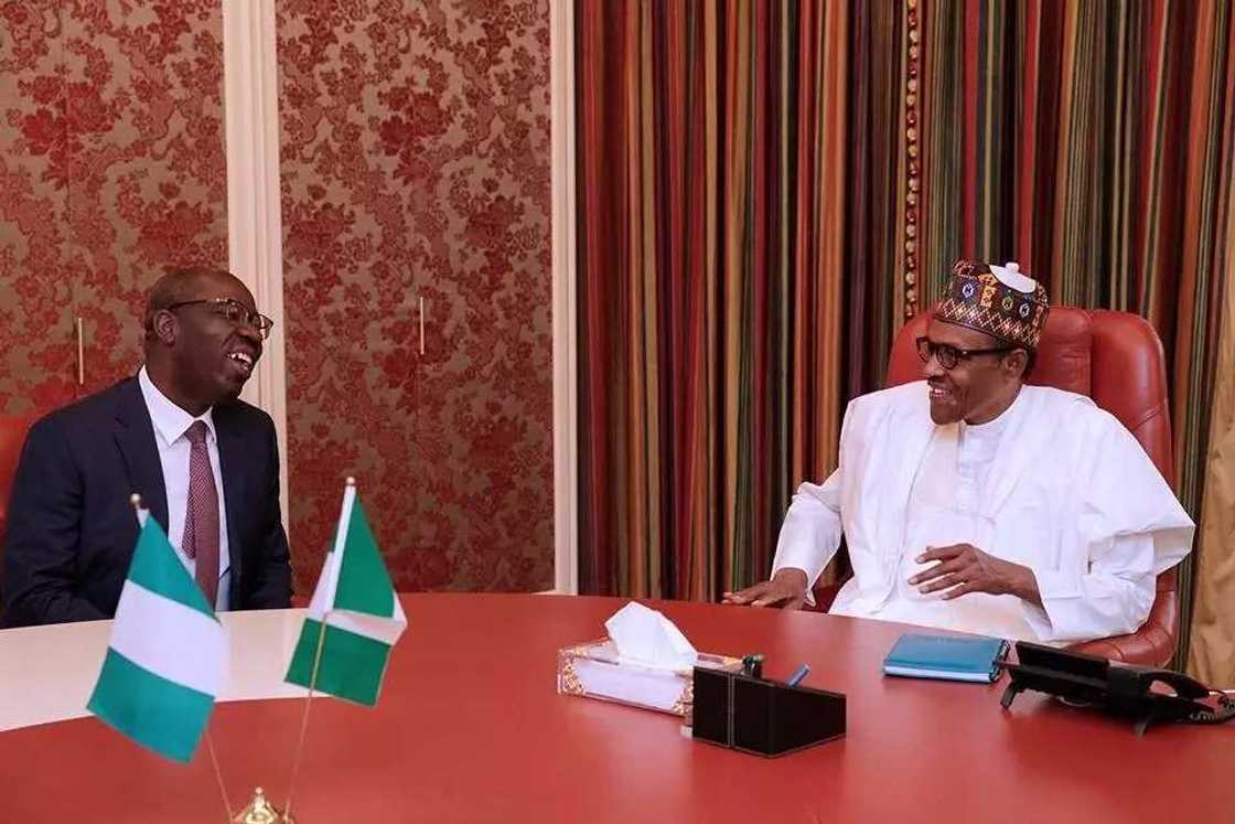 The governor discussed the issue of human trafficking in Edo state with the president. Photo credit: Bayo Omoboriowo The governor discussed the issue of human trafficking in Edo state with the president. Photo credit: Bayo Omoboriowo