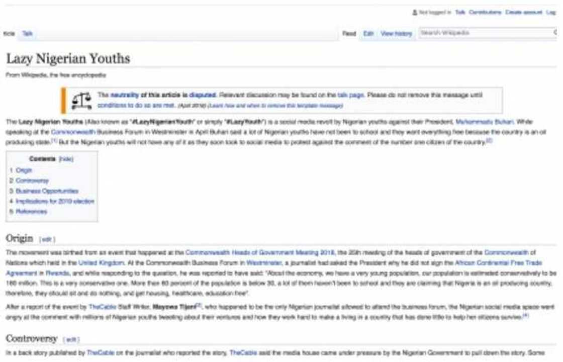 Lazy Nigerian Youths gets Wikipedia page