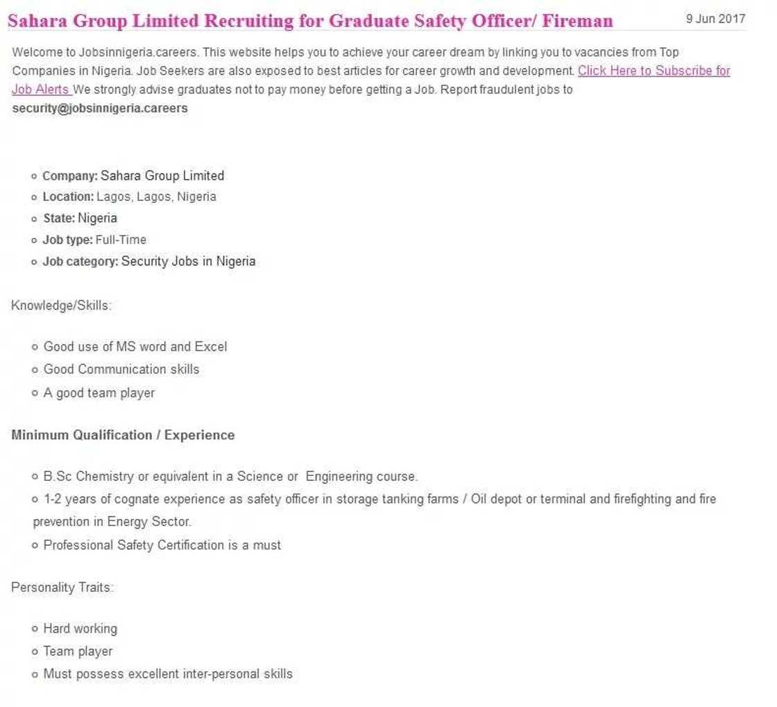 Sahara Group Limited is recruiting for the Graduate Safety Officer Sahara Group Limited is recruiting for the Graduate Safety Officer