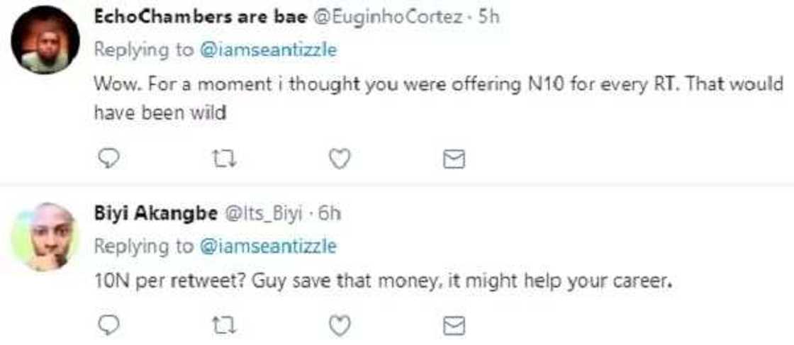 Singer, Sean Tizzle, offers to pay N10 for every retweet he gets for his tweet on Benue flood Singer, Sean Tizzle, offers to pay N10 for every retweet he gets for his tweet on Benue flood