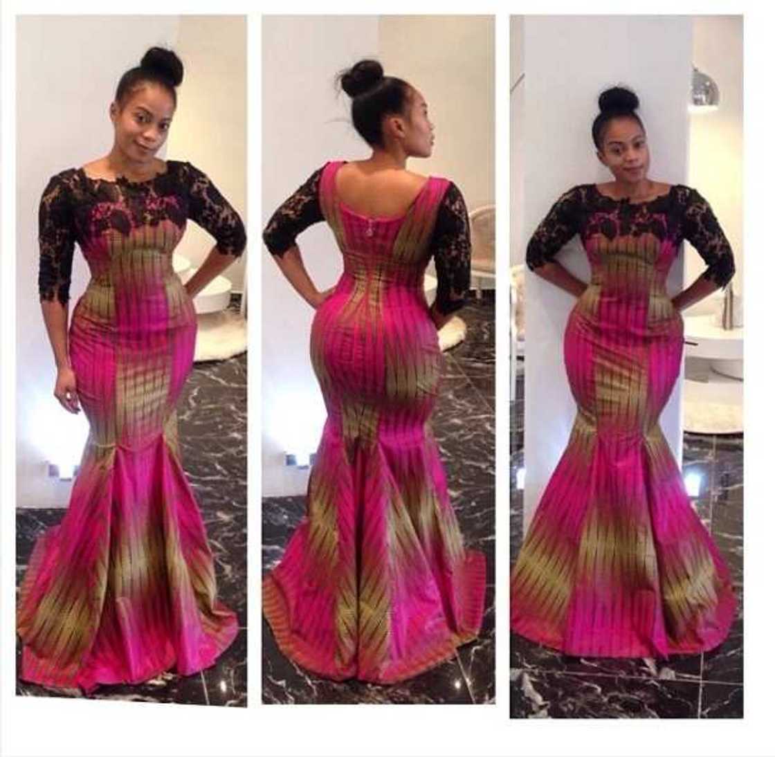 Ankara long dress with black lace décolletage and sleeves