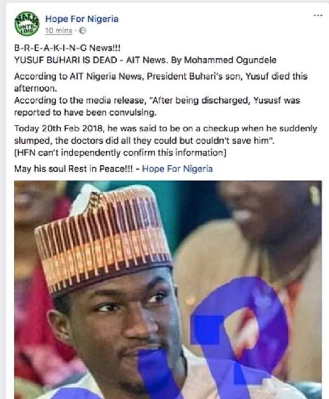 Yusuf Buhari is not dead - Presidency insists Yusuf Buhari is not dead - Presidency insists