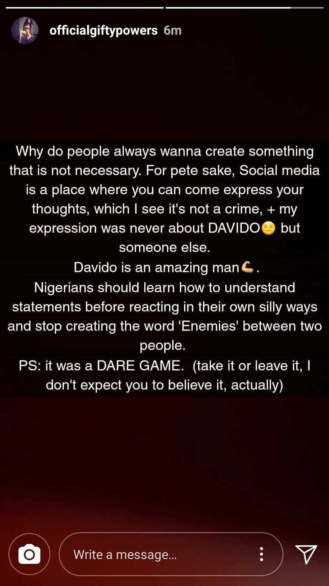 Gifty throws shade at Davido and Chioma on social media Gifty throws shade at Davido and Chioma on social media