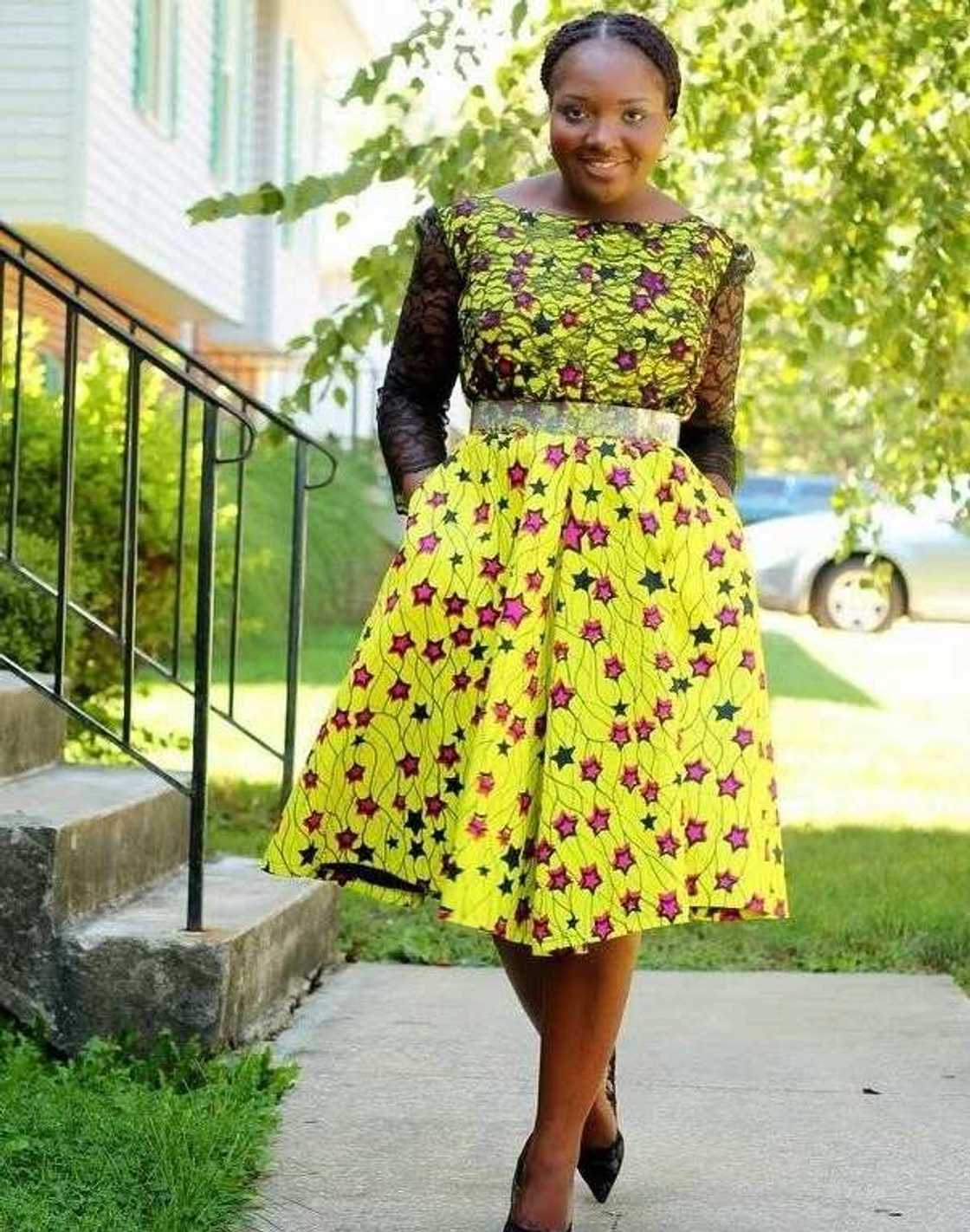 Ankara dress with a detachable waist and black French lace trim