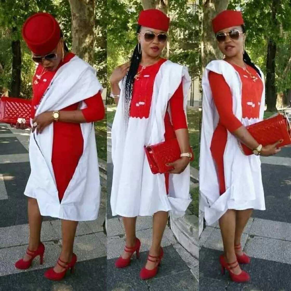 White mixed with red Agbada style for ladies