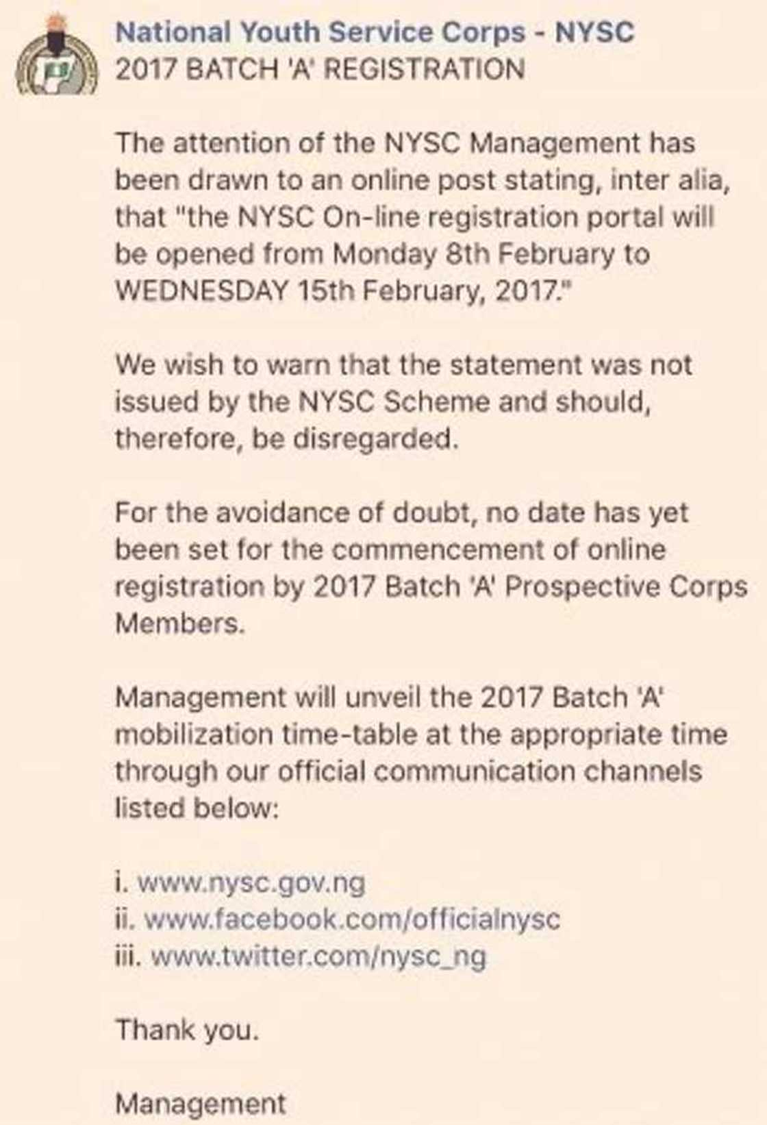 NYSC statement on Batch A 2017 online registration date NYSC statement on Batch A 2017 online registration date