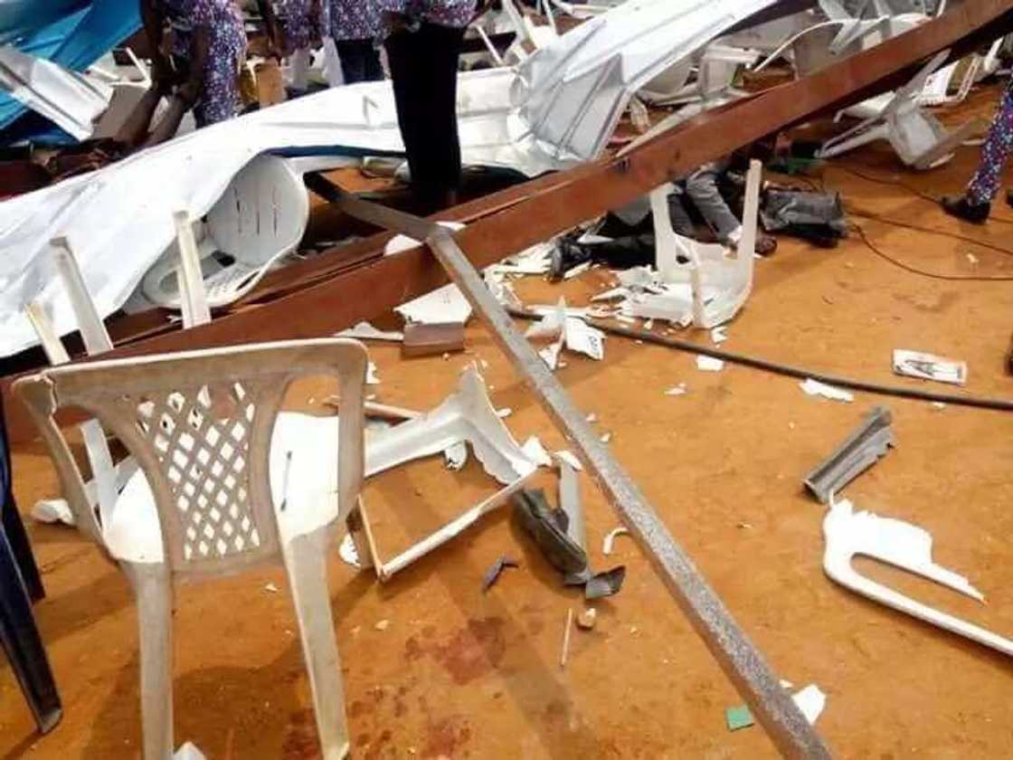 Plastic chairs and personal effects beneath the collapsed church Plastic chairs and personal effects beneath the collapsed church