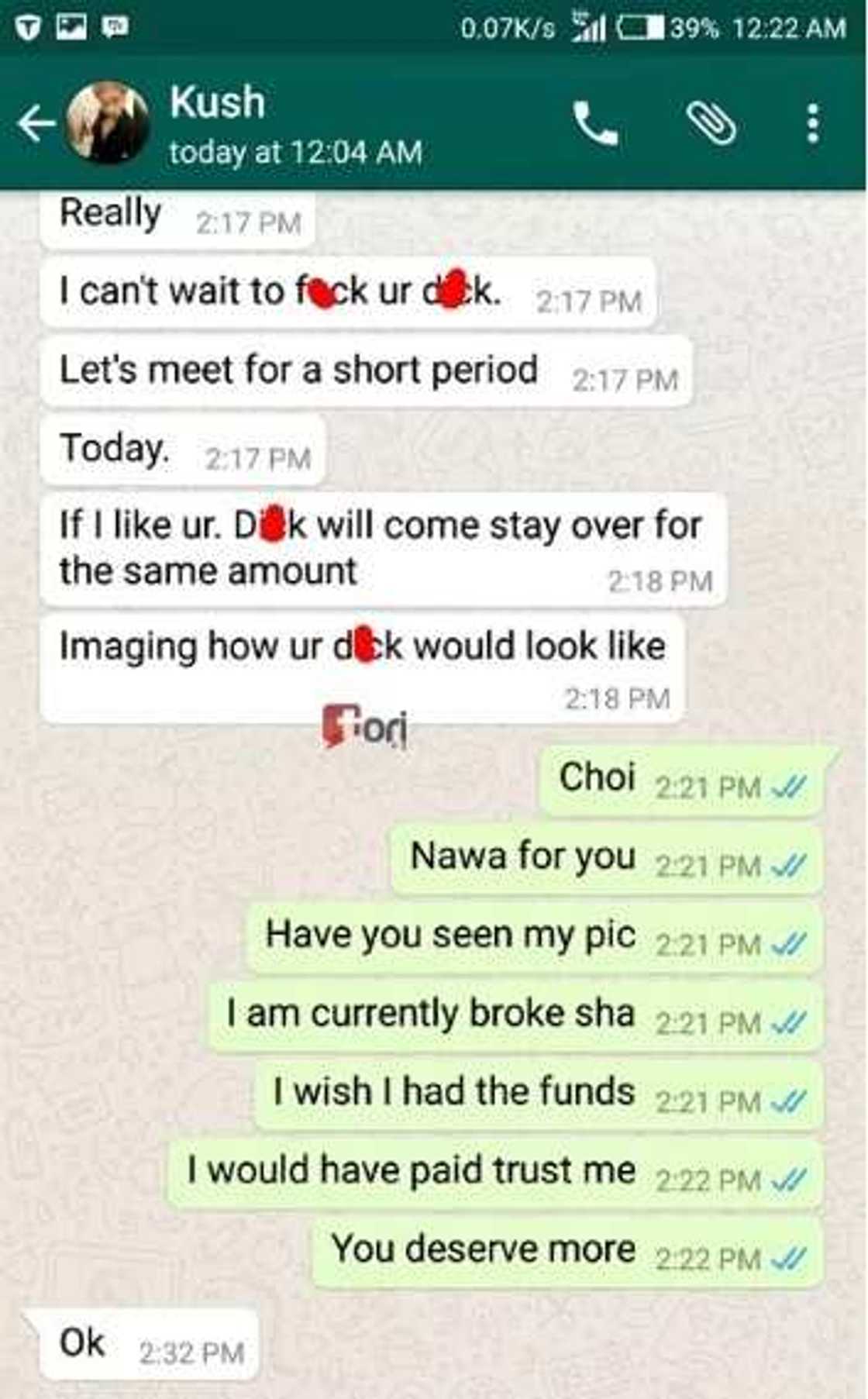 See this leaked conversation between a runs girl and a client See this leaked conversation between a runs girl and a client