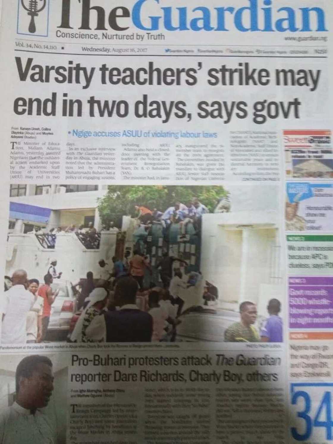 Front page of The Guardian newspaper, Wednesday August 16. Photo credit: Legit.ng screenshot Front page of The Guardian newspaper, Wednesday August 16. Photo credit: Legit.ng screenshot