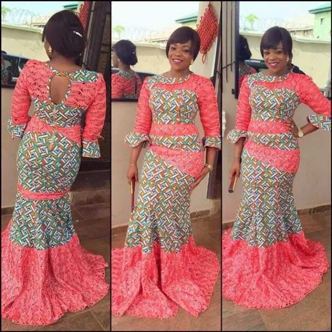 Ankara long dress with asymmetric lace elements Ankara long dress with asymmetric lace elements