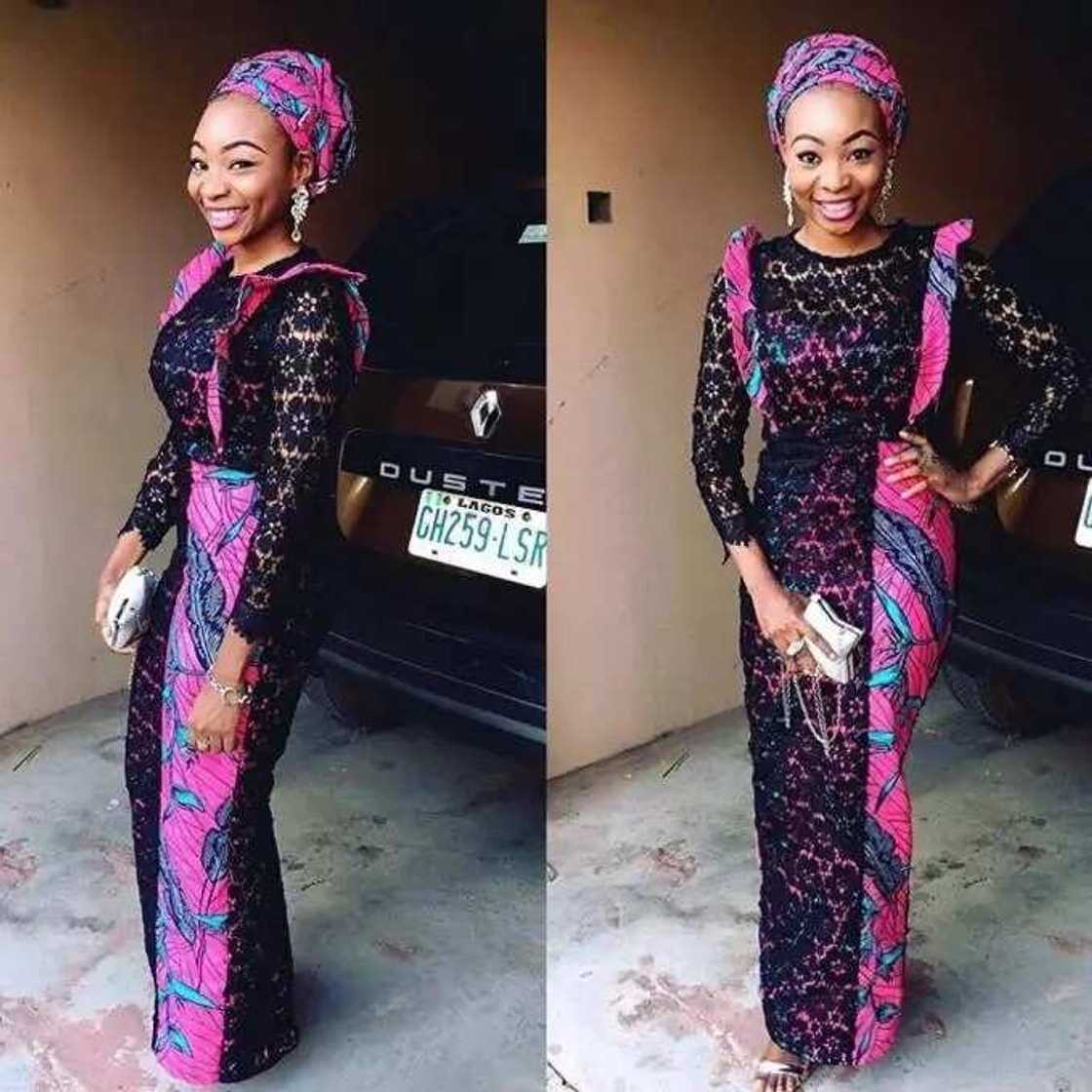 Ankara dress with large black lace decor Ankara dress with large black lace decor