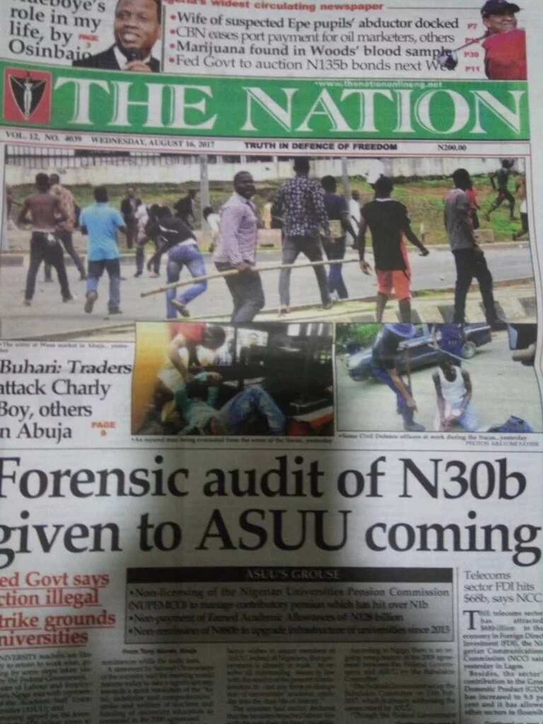 Front page of The Nation newspaper, Wednesday August 16. Photo credit: Legit.ng screenshot Front page of The Nation newspaper, Wednesday August 16. Photo credit: Legit.ng screenshot
