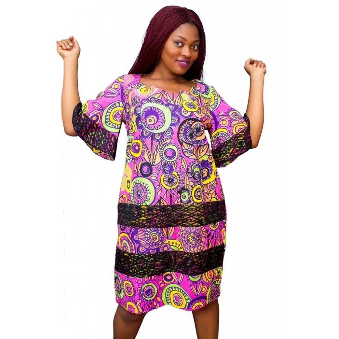 Ankara multi-colored dress with black lace trim