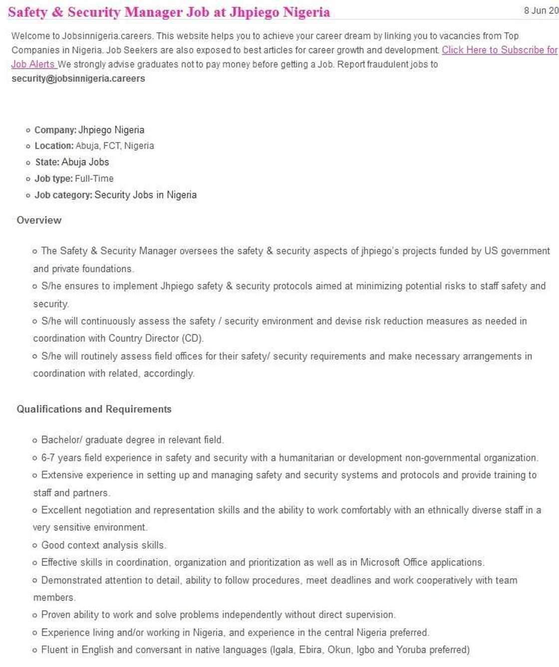 Safety & Security Manager Job Safety & Security Manager Job