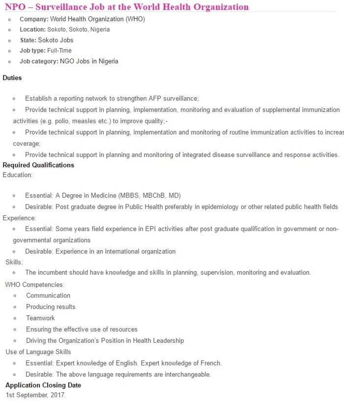 Surveillance Job at the World Health Organization. Surveillance Job at the World Health Organization.