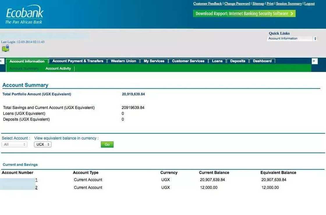 How to check Ecobank account balance online menu