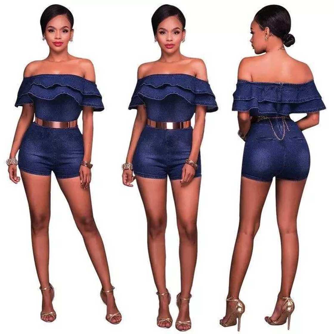 Denim jumpsuit with flounces and a belt Denim jumpsuit with flounces and a belt
