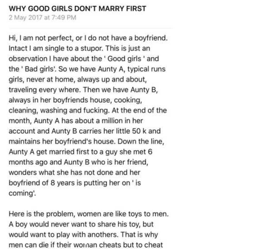 Nigerian lady speaks sense to women, reveals why good girls do not marry early Nigerian lady speaks sense to women, reveals why good girls do not marry early