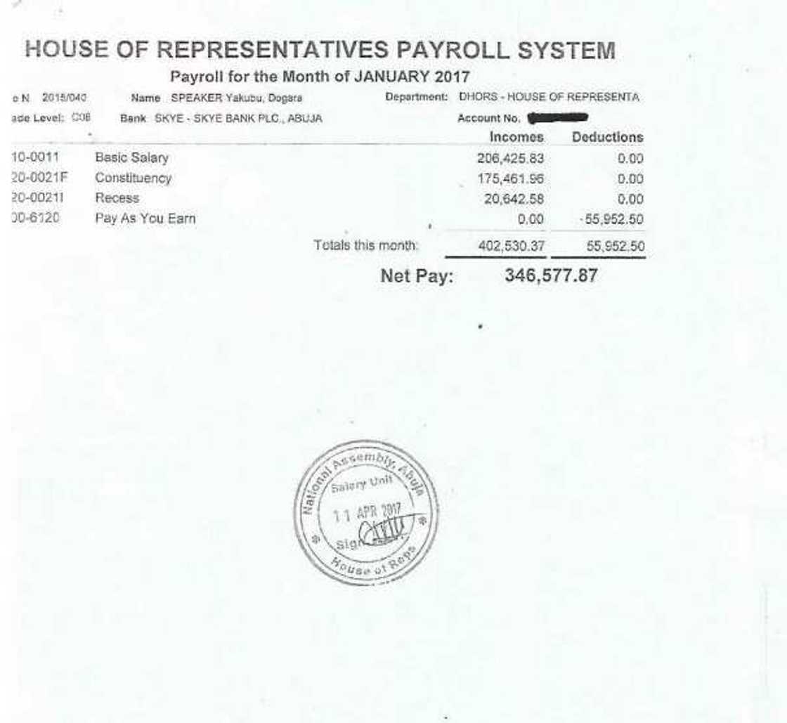 Dogara's January pay slip Dogara's January pay slip