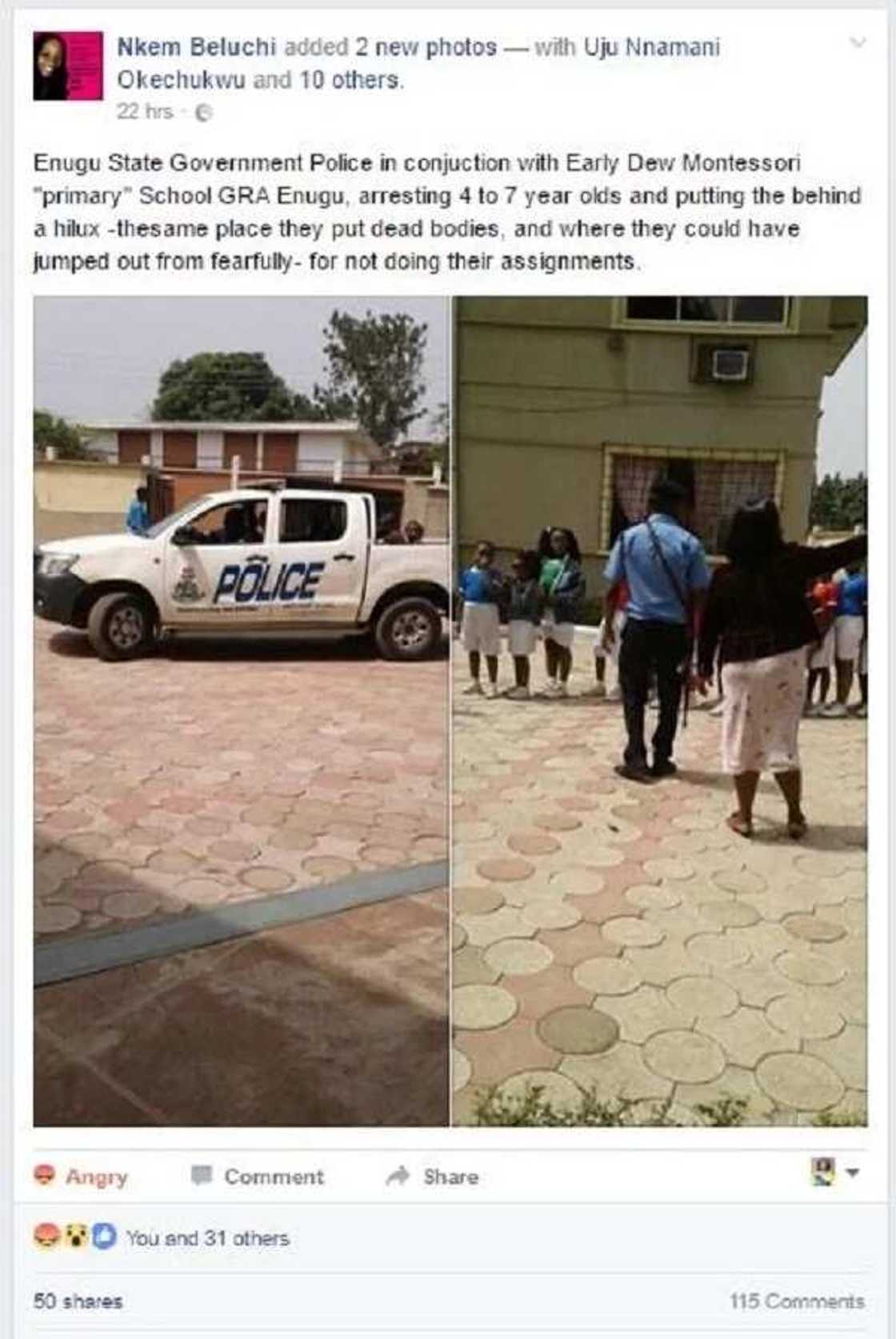 Primary school students allegedly arrested in Enugu State, for not doing their assignments