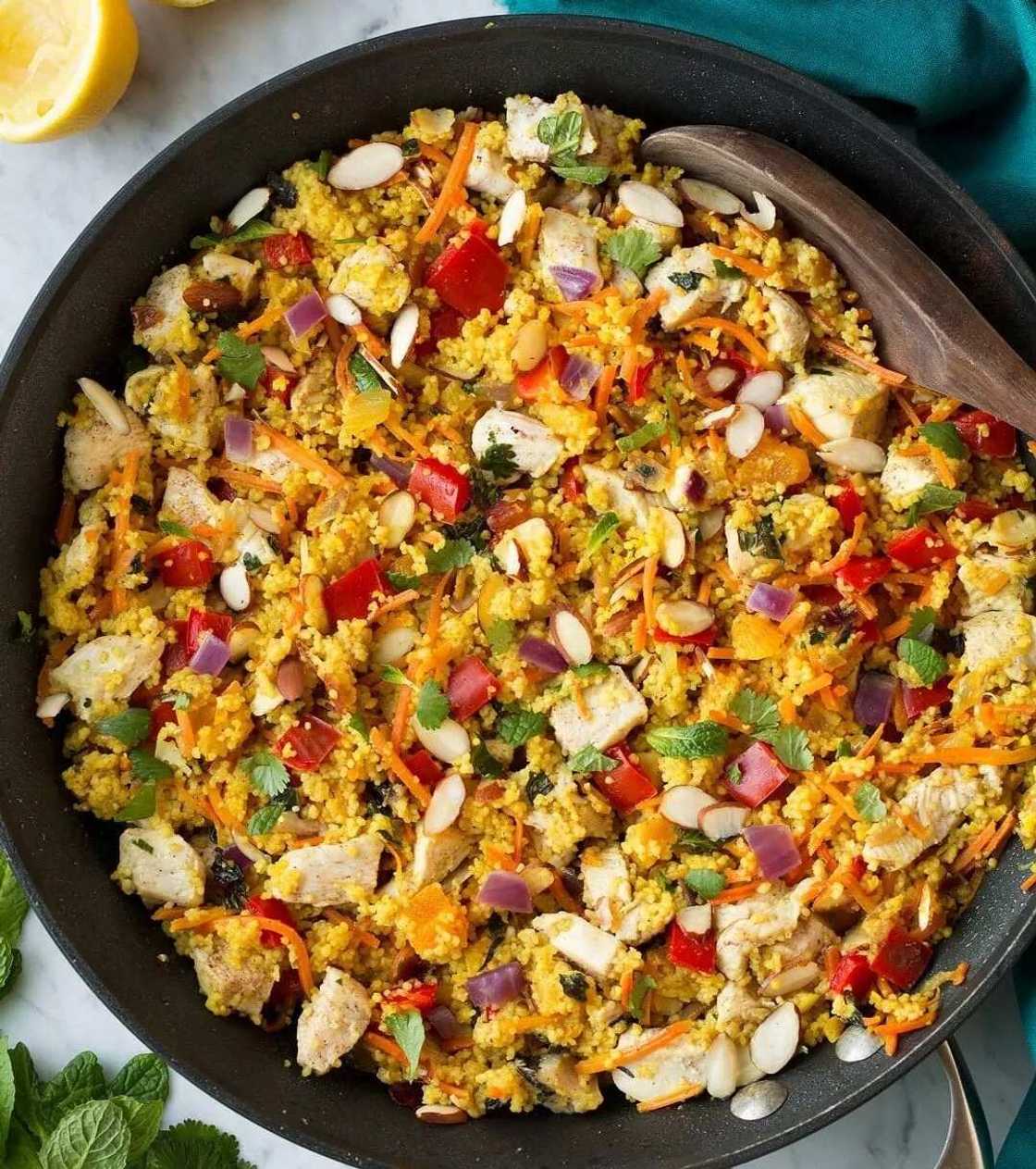 Couscous recipe and ingredients with chicken and vegetables Couscous recipe and ingredients with chicken and vegetables