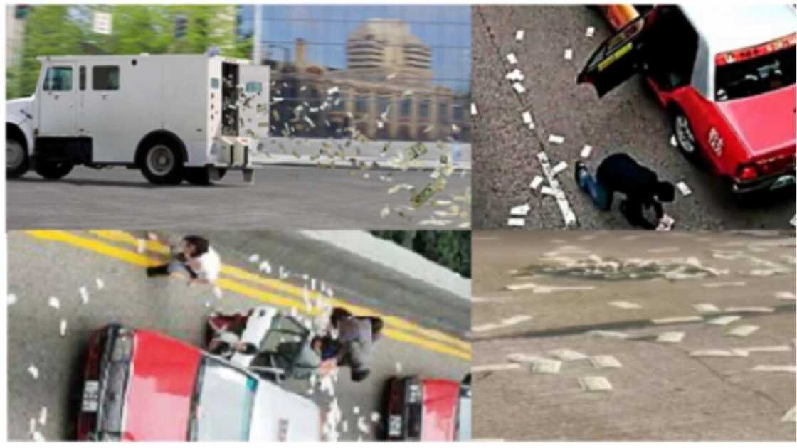 Motar banki ta zubar da kudi sama da $600,000 akan babbar hanya sakamakon kofar data bude suna cikin tafiya basu sani ba (hotuna) Motar banki ta zubar da kudi sama da $600,000 akan babbar hanya sakamakon kofar data bude suna cikin tafiya basu sani ba (hotuna)