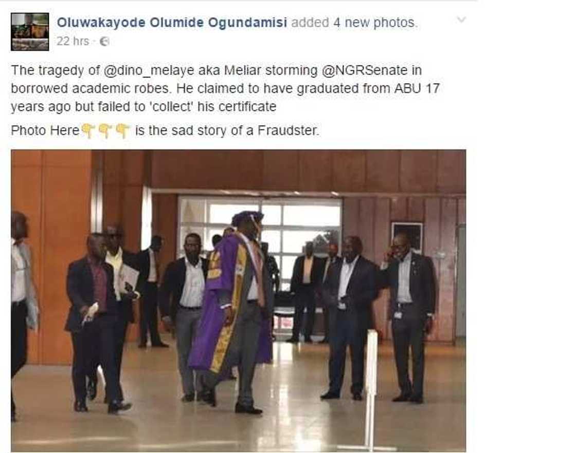 Ogundamisi who isn't convince by the ABU VC's testimony thinks Melaye is a fraudster. Ogundamisi who isn't convince by the ABU VC's testimony thinks Melaye is a fraudster.