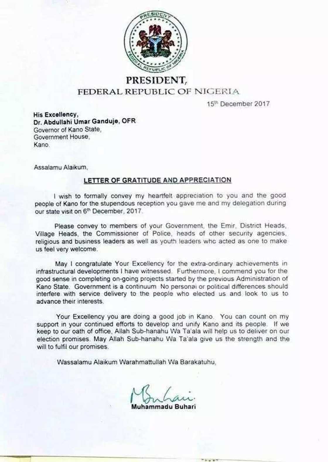 Shugaba Buhari ya tura sakon godiya na musamman ga Gwamna Ganduje bisa kyakkyawan tarba da ya samu a Kano Shugaba Buhari ya tura sakon godiya na musamman ga Gwamna Ganduje bisa kyakkyawan tarba da ya samu a Kano